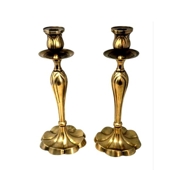 2 MCM Brass Candlesticks Holders Heavy 13" Tall Tapered Heavy Vtg Academia Goth - Picture 4 of 5